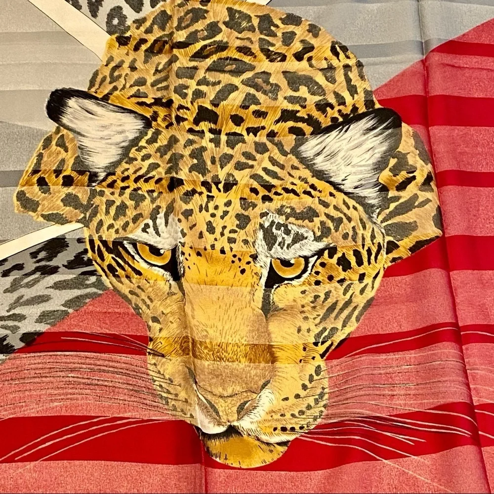 Jim‎ Renoir vintage tiger print scarf black gold red gray vibrant 34” sq Italy